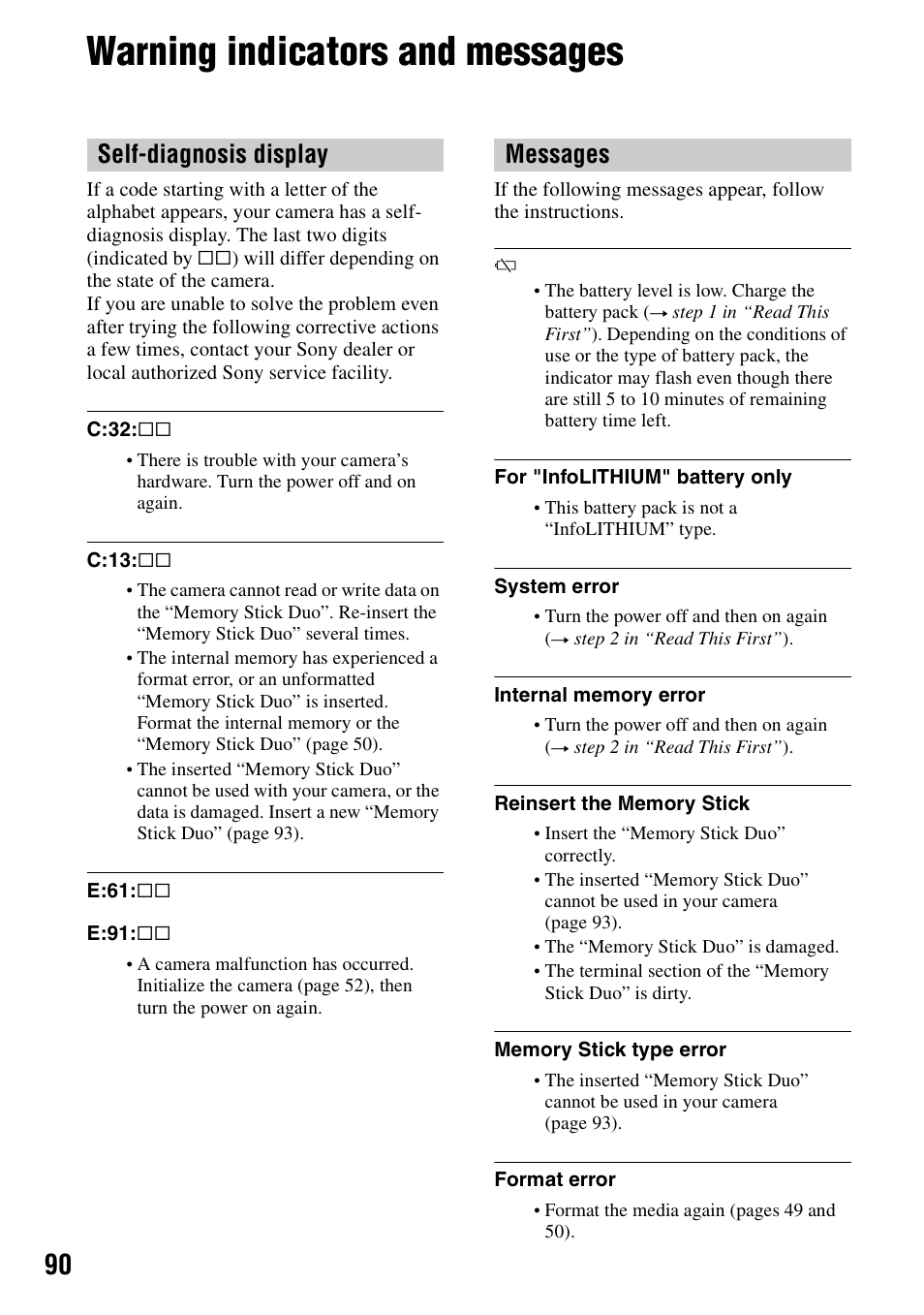 Warning indicators and messages, Y (90), Self-diagnosis display messages | Sony DSC-T5 User Manual | Page 90 / 107