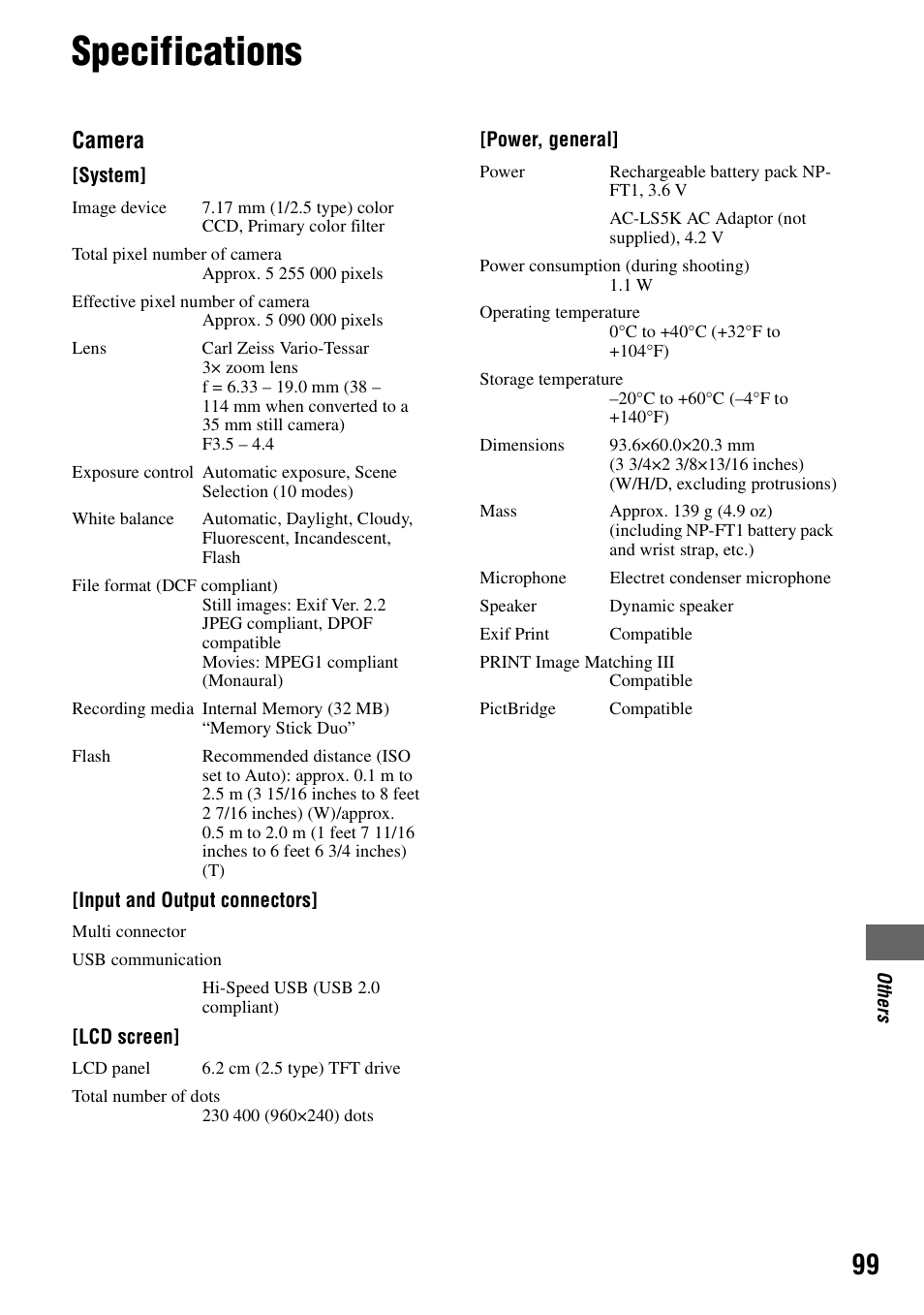 Specifications, Camera | Sony DSC-T5 User Manual | Page 99 / 107