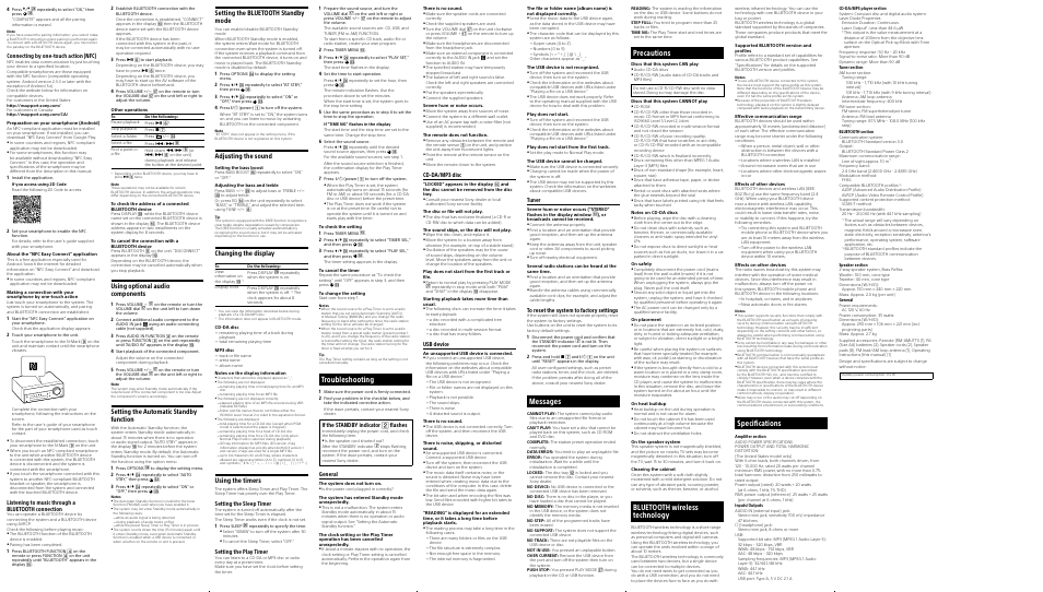 Messages, Troubleshooting, Precautions | Bluetooth wireless technology, Specifications, Using optional audio components, Setting the automatic standby function, Setting the bluetooth standby mode, Adjusting the sound, Changing the display | Sony CMT-SBT100 User Manual | Page 2 / 2