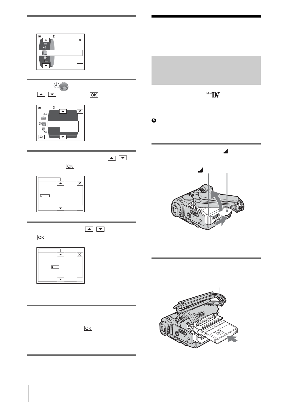 Step 6: inserting the recording media, Inserting a cassette tape, Touch [menu | Select (time/langu.) with / , then touch, Select [clock set] with / , then touch, Set [y] (year) with / , then touch, Insert a cassette with its window-side facing up | Sony DCR-PC350 User Manual | Page 22 / 152