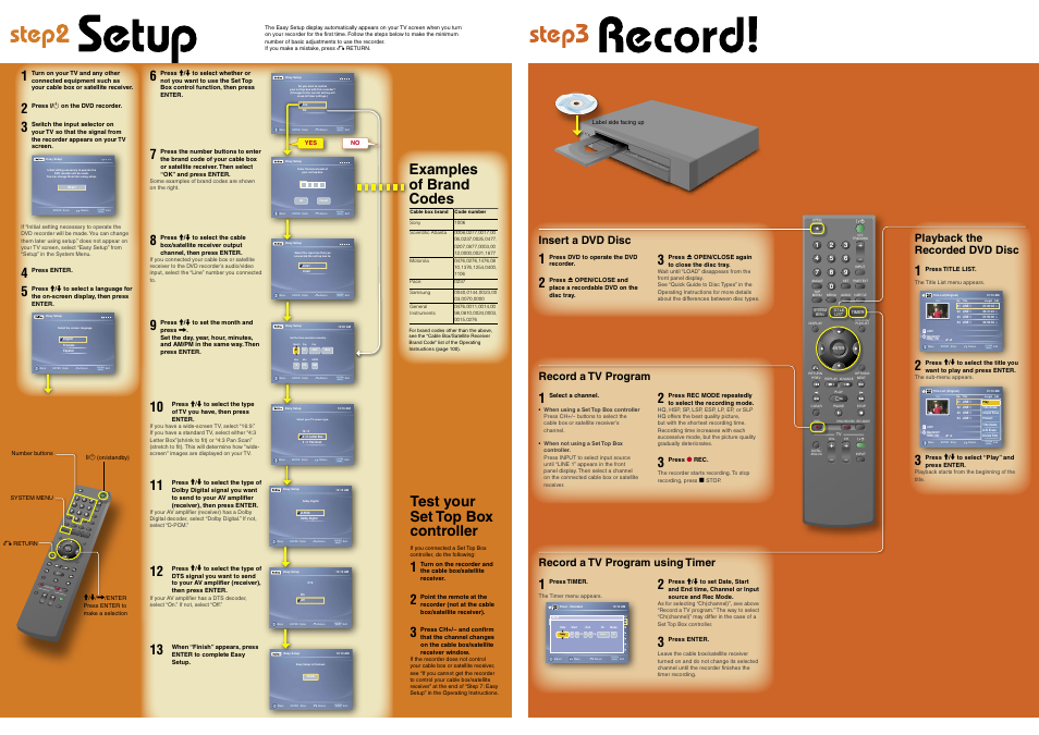 Enter, System menu, Test your set top box controller | Examples of brand codes, Playback the recorded dvd disc, Insert a dvd disc, Record a tv program, Record a tv program using timer | Sony RDR-GX355 User Manual | Page 2 / 2