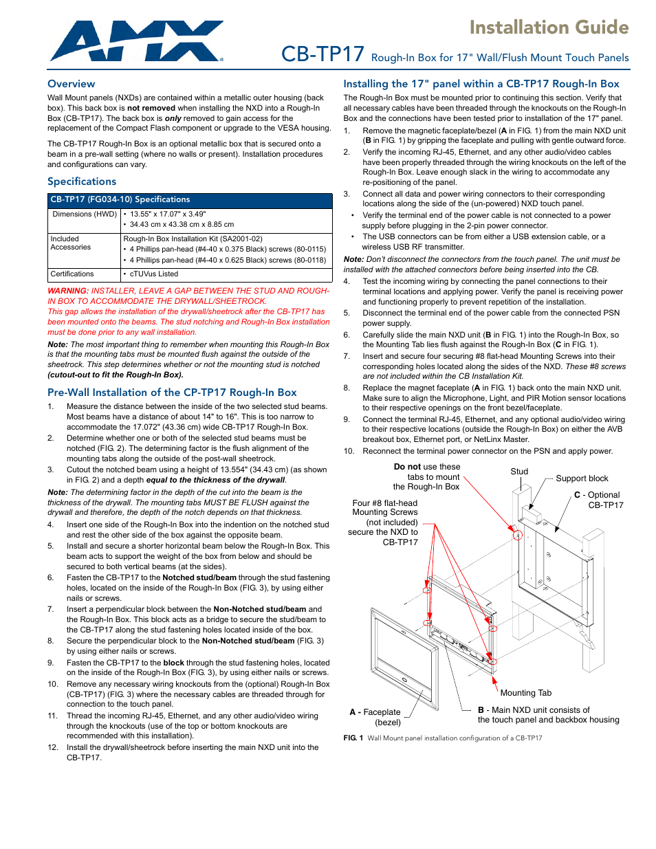 AMX Rough-In Box CB-TP17 User Manual | 2 pages