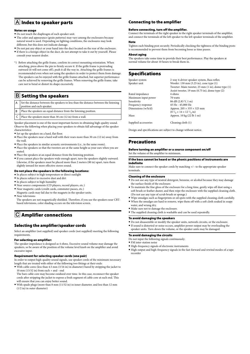 Index to speaker parts, Setting the speakers, Amplifier connections | Specifications, Precautions, Selecting the amplifier/speaker cords, Connecting to the amplifier | Sony SS-NA5ES User Manual | Page 3 / 8