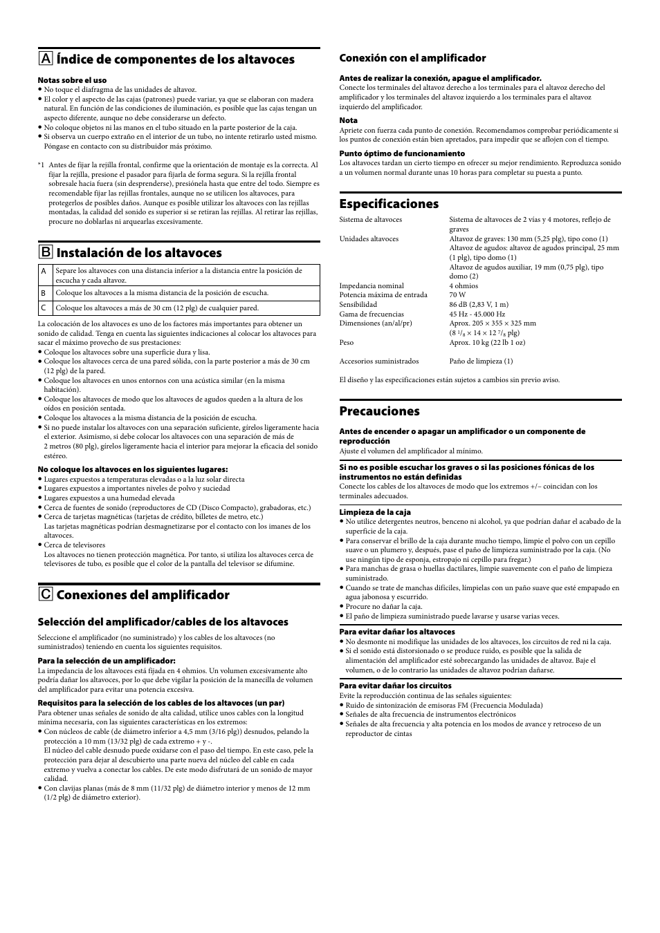 Índice de componentes de los altavoces, Instalación de los altavoces, Conexiones del amplificador | Especificaciones, Precauciones, Selección del amplificador/cables de los altavoces, Conexión con el amplificador | Sony SS-NA5ES User Manual | Page 7 / 8