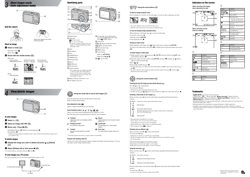Shoot images easily (auto adjustment mode), View/delete images | Sony DSC-S45 User Manual | Page 2 / 2