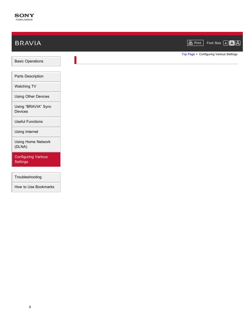 Configuring various settings, Picture/screen settings, Sound settings | Channel settings, Program information & service settings, General settings, External sound output settings, External input settings | Sony XBR-84X900 User Manual | Page 14 / 185