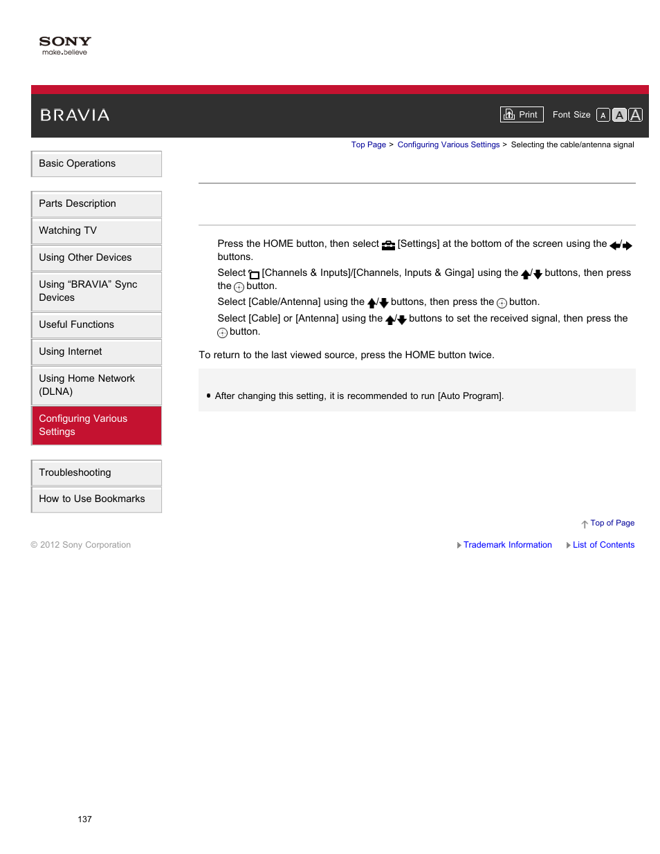 Selecting the cable/antenna signal | Sony XBR-84X900 User Manual | Page 142 / 185