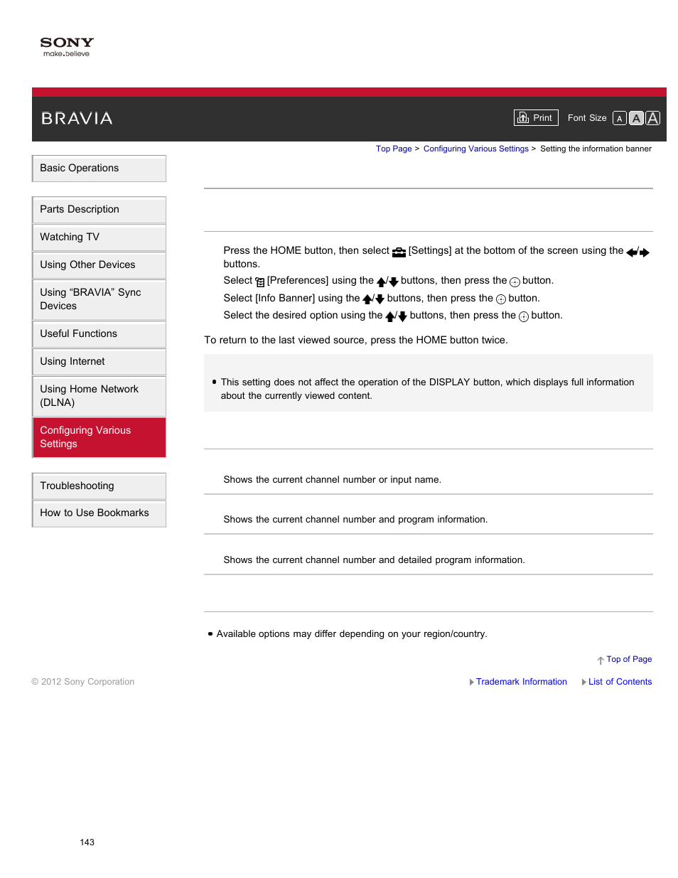 Setting the information banner | Sony XBR-84X900 User Manual | Page 148 / 185