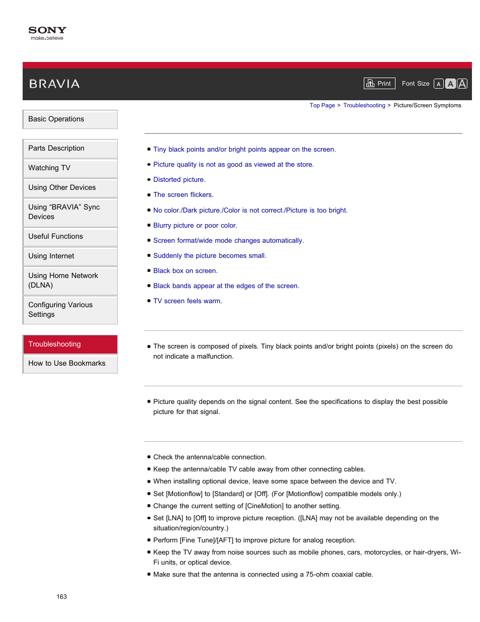 Picture/screen symptoms | Sony XBR-84X900 User Manual | Page 168 / 185