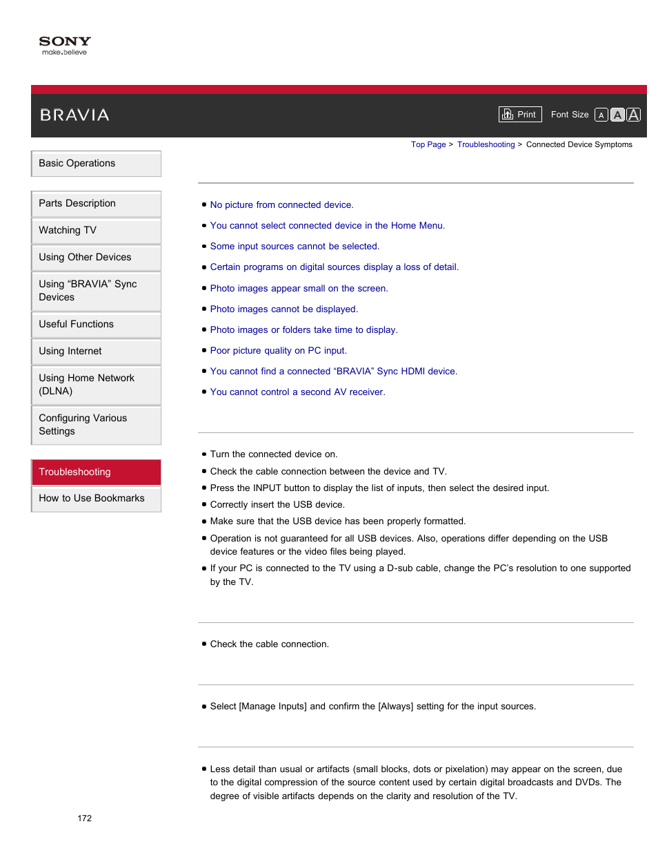 Connected device symptoms | Sony XBR-84X900 User Manual | Page 177 / 185