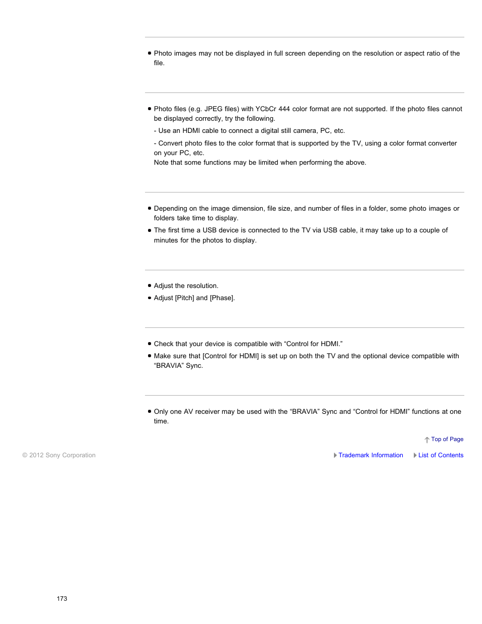 Photo images appear small on the screen, Photo images cannot be displayed, Photo images or folders take time to display | Poor picture quality on pc input, You cannot control a second av receiver | Sony XBR-84X900 User Manual | Page 178 / 185