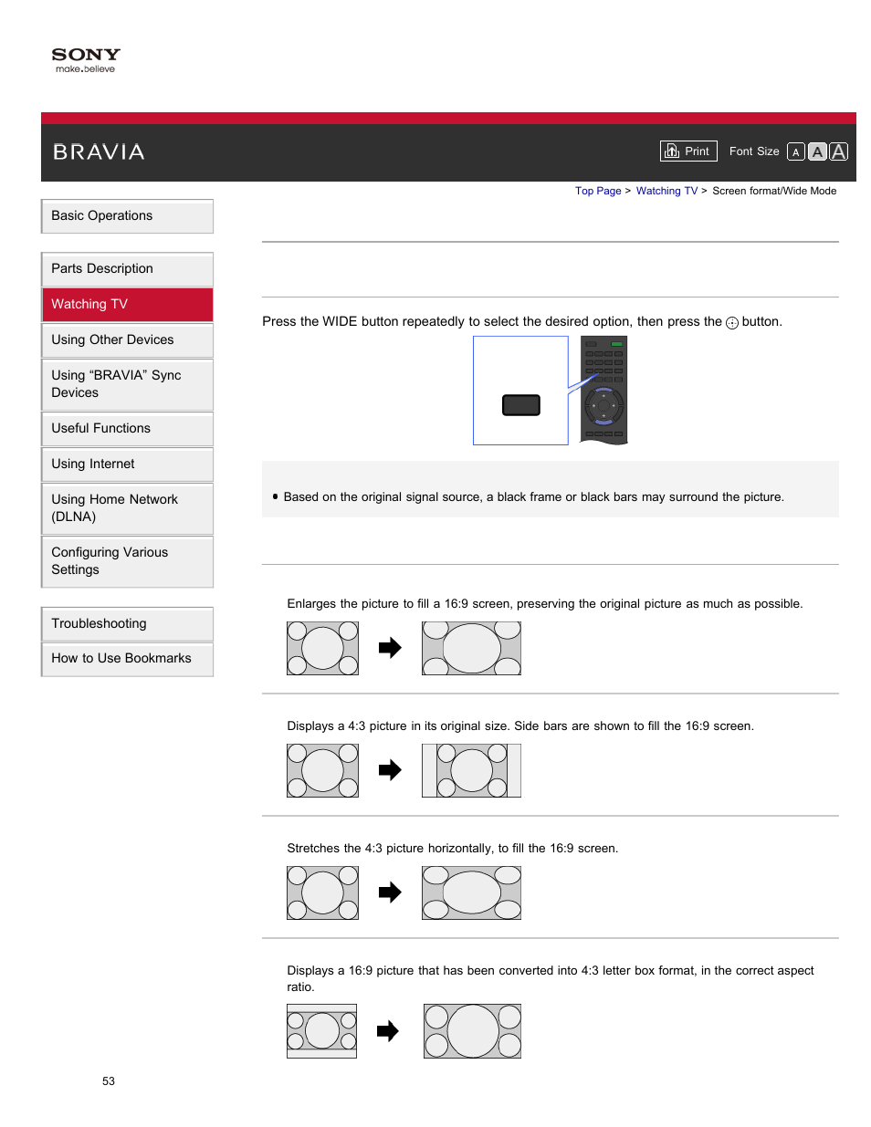 Screen format/wide mode, Wide | Sony XBR-84X900 User Manual | Page 58 / 185