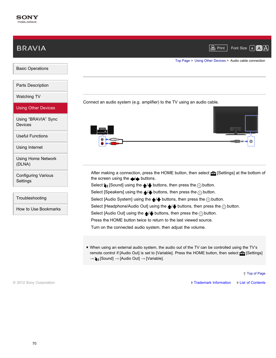 Audio cable connection | Sony XBR-84X900 User Manual | Page 75 / 185