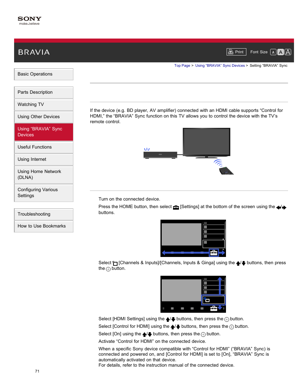 Setting “bravia” sync, Buttons for connected devices | Sony XBR-84X900 User Manual | Page 76 / 185