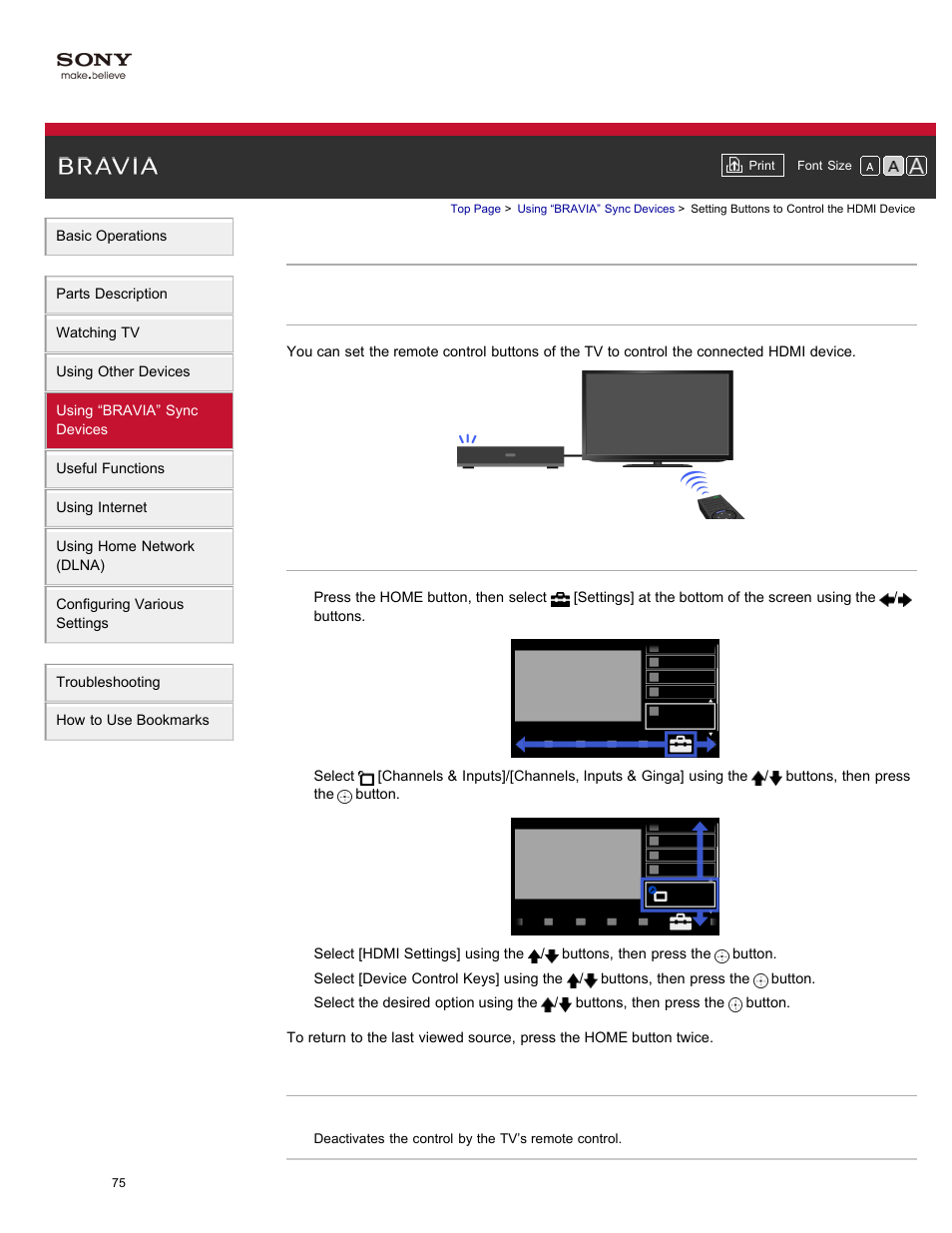 Setting buttons to control the hdmi device | Sony XBR-84X900 User Manual | Page 80 / 185