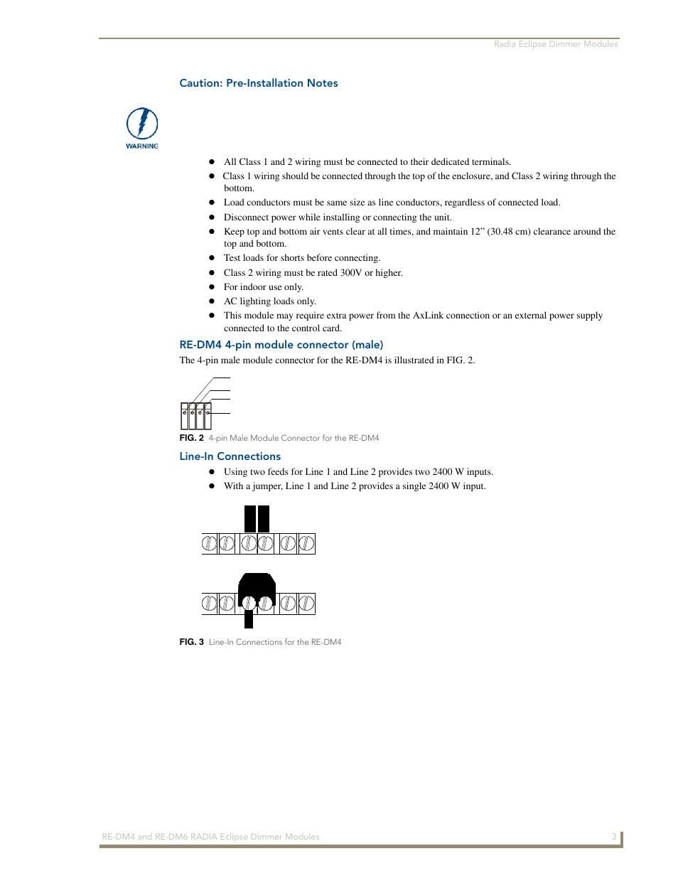 Caution: pre-installation notes, Re-dm4 4-pin module connector (male), Line-in connections | AMX Radia Eclipse 4-Channel Dimmer Module RE-DM4 User Manual | Page 11 / 90