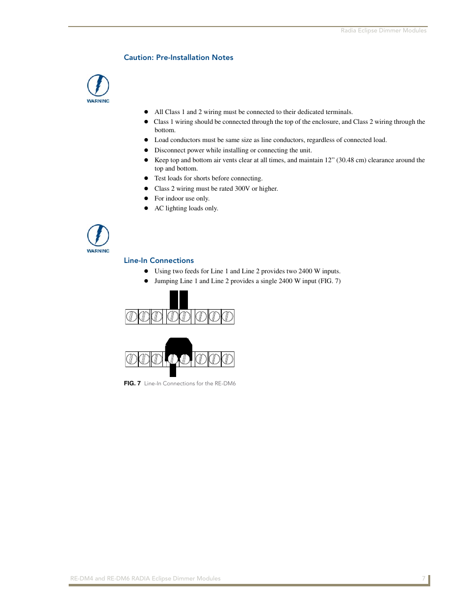 Caution: pre-installation notes, Line-in connections | AMX Radia Eclipse 4-Channel Dimmer Module RE-DM4 User Manual | Page 15 / 90