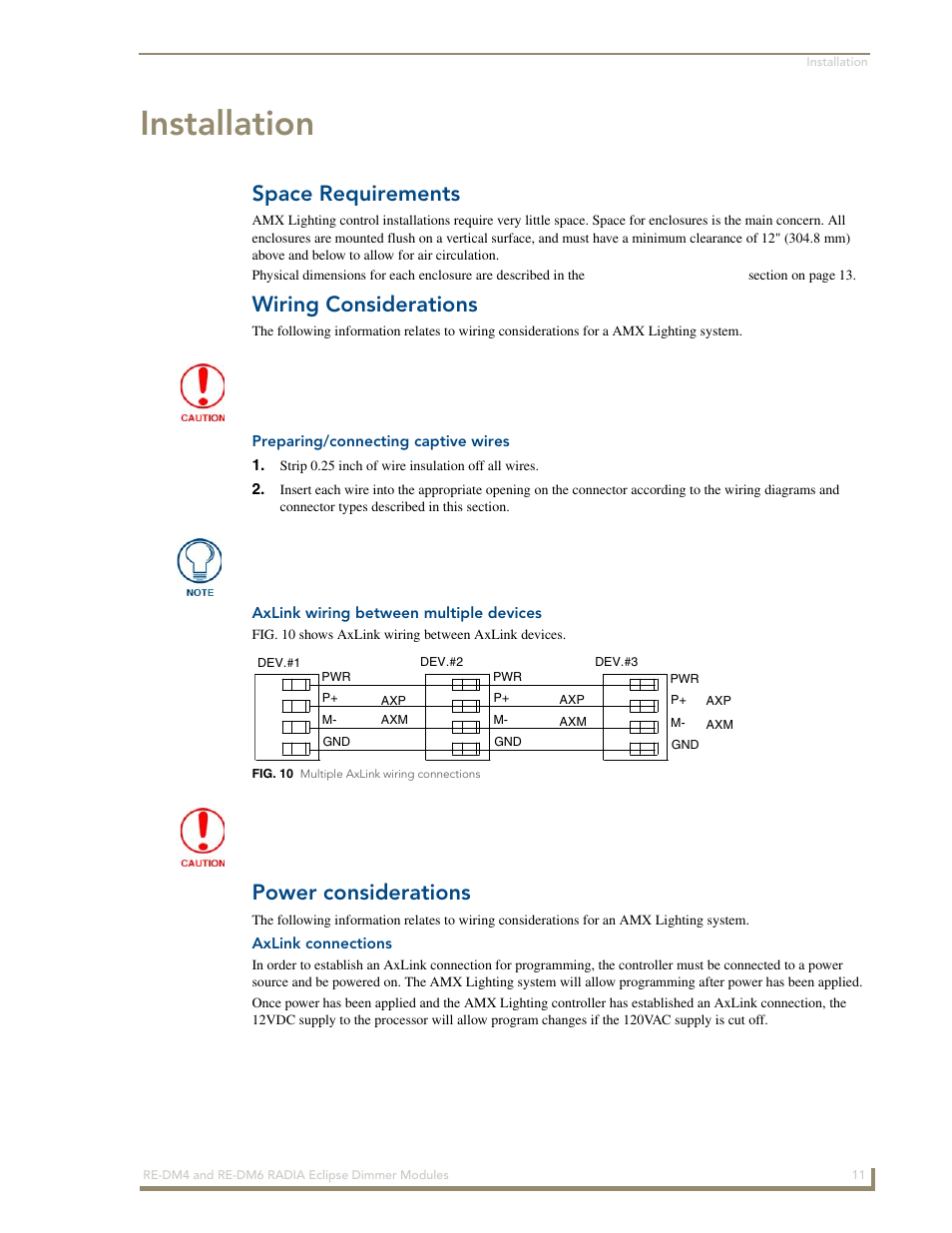 Installation, Space requirements, Wiring considerations | Preparing/connecting captive wires, Axlink wiring between multiple devices, Power considerations, Axlink connections | AMX Radia Eclipse 4-Channel Dimmer Module RE-DM4 User Manual | Page 19 / 90