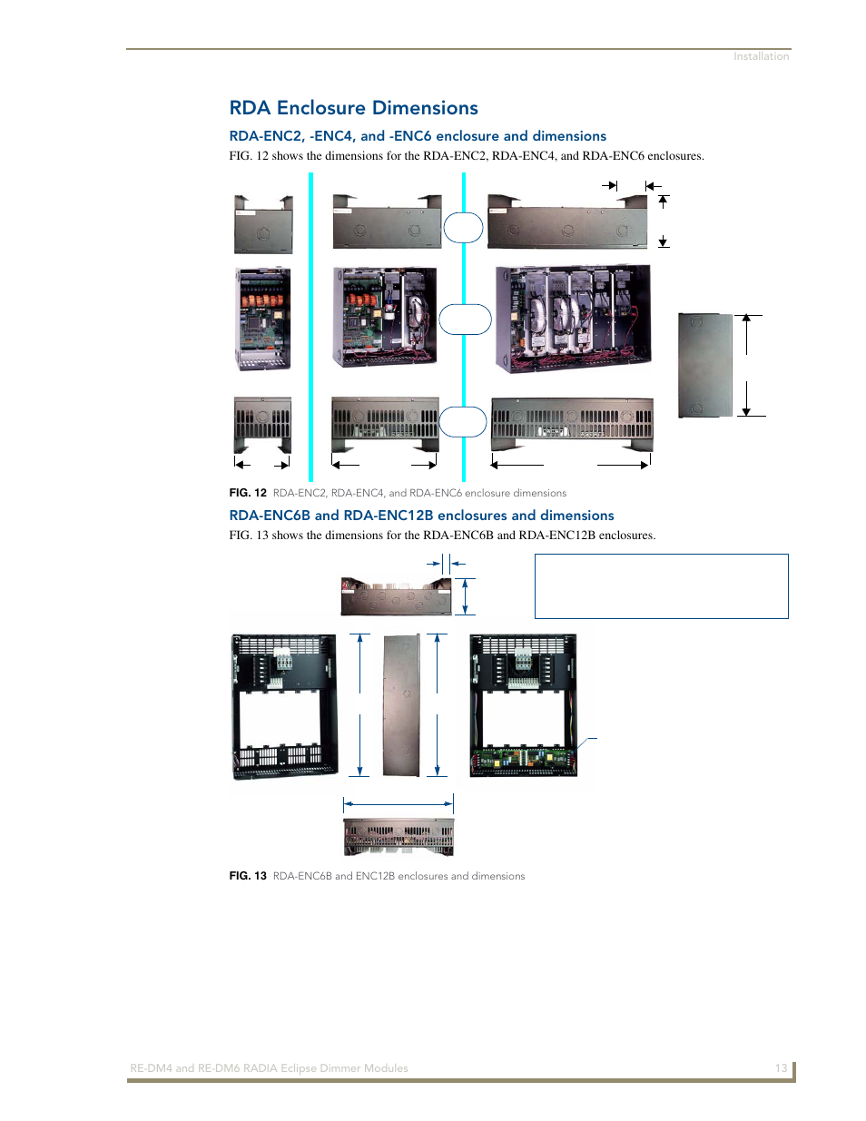 Rda enclosure dimensions, Rda-enc6b and rda-enc12b enclosures and dimensions | AMX Radia Eclipse 4-Channel Dimmer Module RE-DM4 User Manual | Page 21 / 90