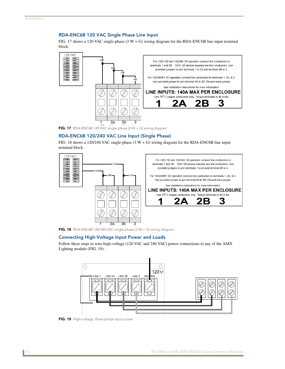 Rda-enc6b 120 vac single phase line input, Rda-enc6b 120/240 vac line input (single phase), Connecting high-voltage input power and loads | AMX Radia Eclipse 4-Channel Dimmer Module RE-DM4 User Manual | Page 24 / 90