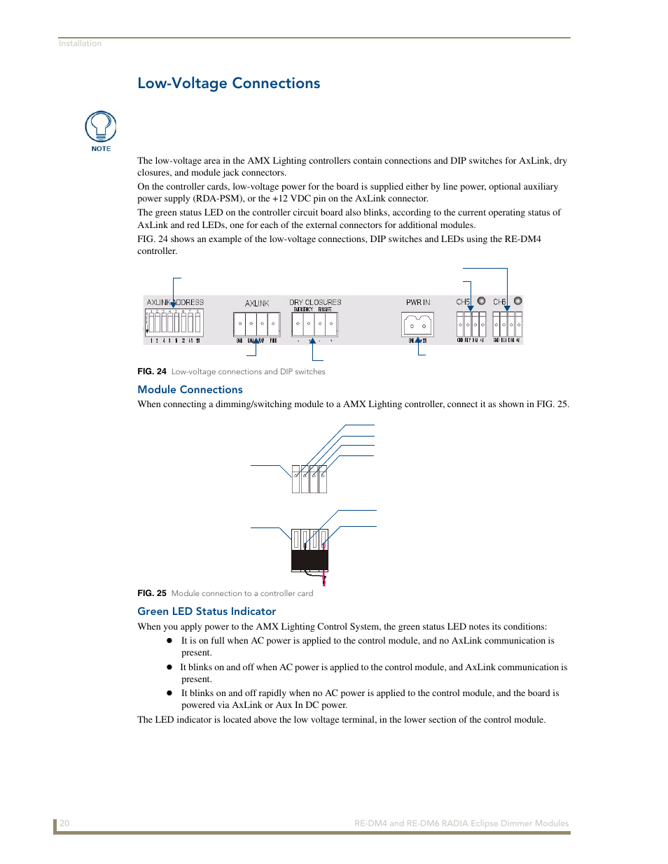 Low-voltage connections, Module connections, Green led status indicator | AMX Radia Eclipse 4-Channel Dimmer Module RE-DM4 User Manual | Page 28 / 90