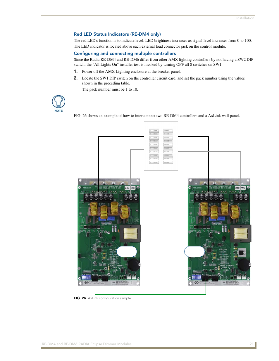 Red led status indicators (re-dm4 only), Configuring and connecting multiple controllers | AMX Radia Eclipse 4-Channel Dimmer Module RE-DM4 User Manual | Page 29 / 90