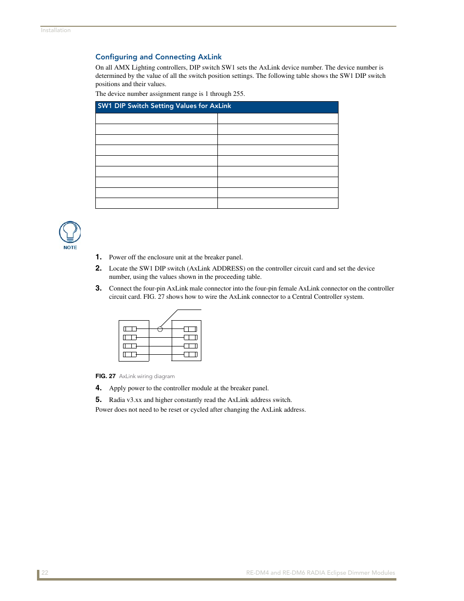 Configuring and connecting axlink | AMX Radia Eclipse 4-Channel Dimmer Module RE-DM4 User Manual | Page 30 / 90