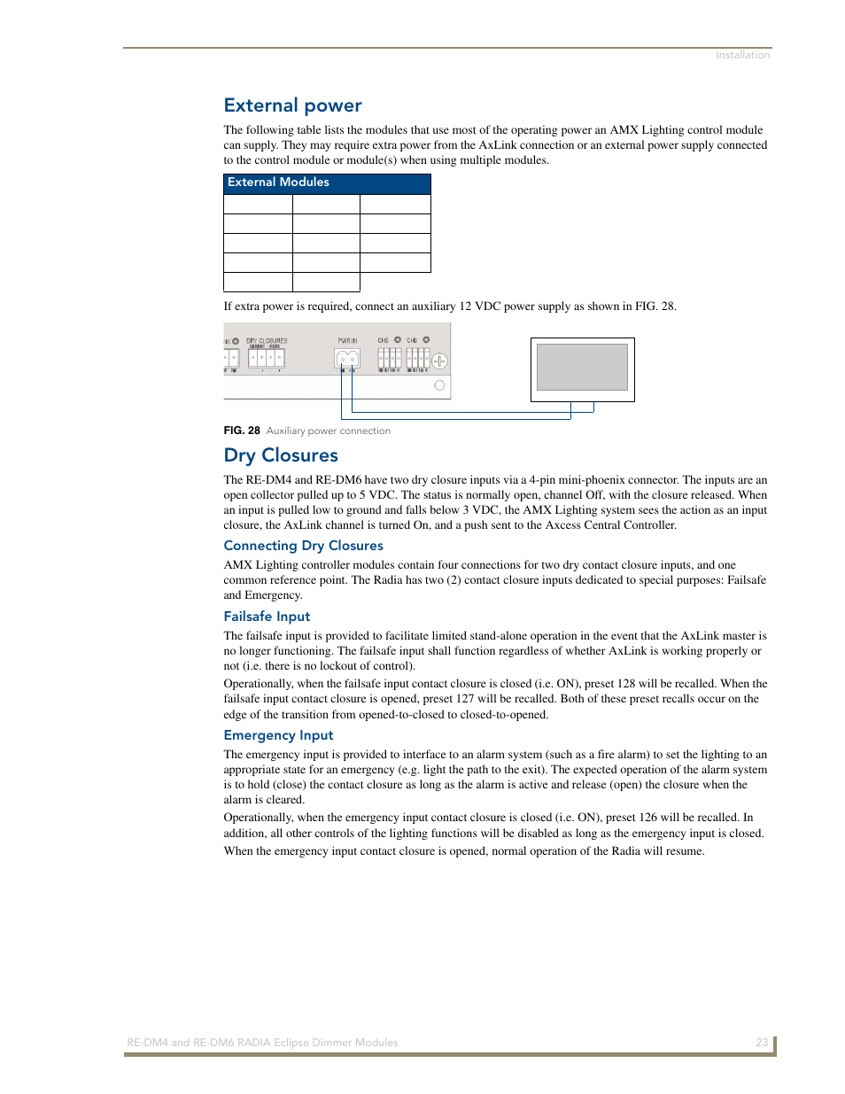 External power, Dry closures, Connecting dry closures | Failsafe input, Emergency input | AMX Radia Eclipse 4-Channel Dimmer Module RE-DM4 User Manual | Page 31 / 90