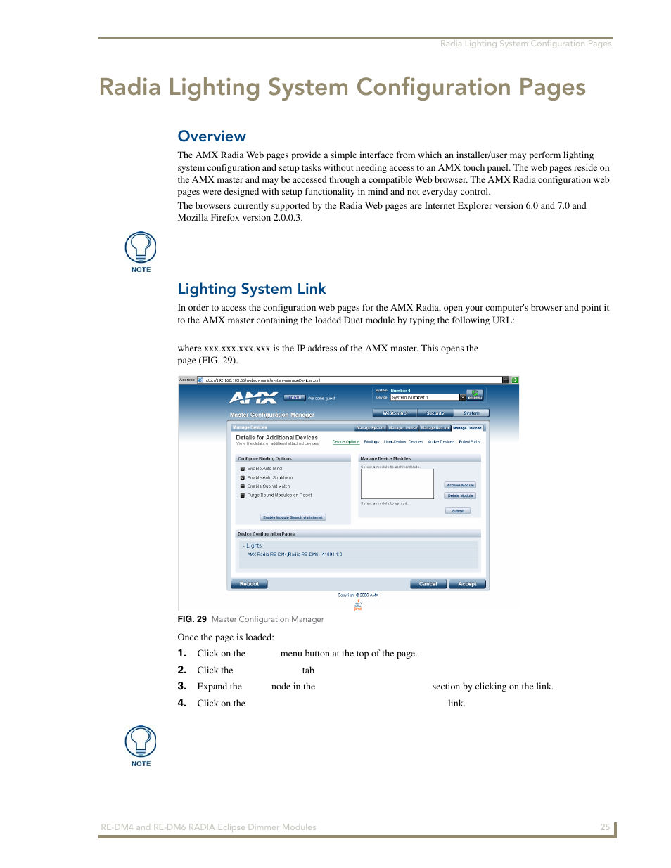 Overview, Lighting system link, Radia lighting system configuration pages | AMX Radia Eclipse 4-Channel Dimmer Module RE-DM4 User Manual | Page 33 / 90