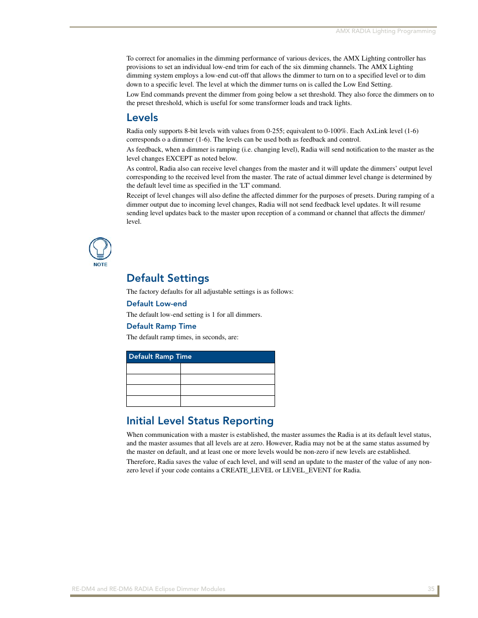 Levels, Default settings, Default low-end | Default ramp time, Initial level status reporting | AMX Radia Eclipse 4-Channel Dimmer Module RE-DM4 User Manual | Page 43 / 90