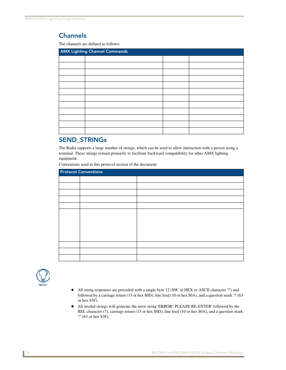 Channels, Send_strings | AMX Radia Eclipse 4-Channel Dimmer Module RE-DM4 User Manual | Page 44 / 90