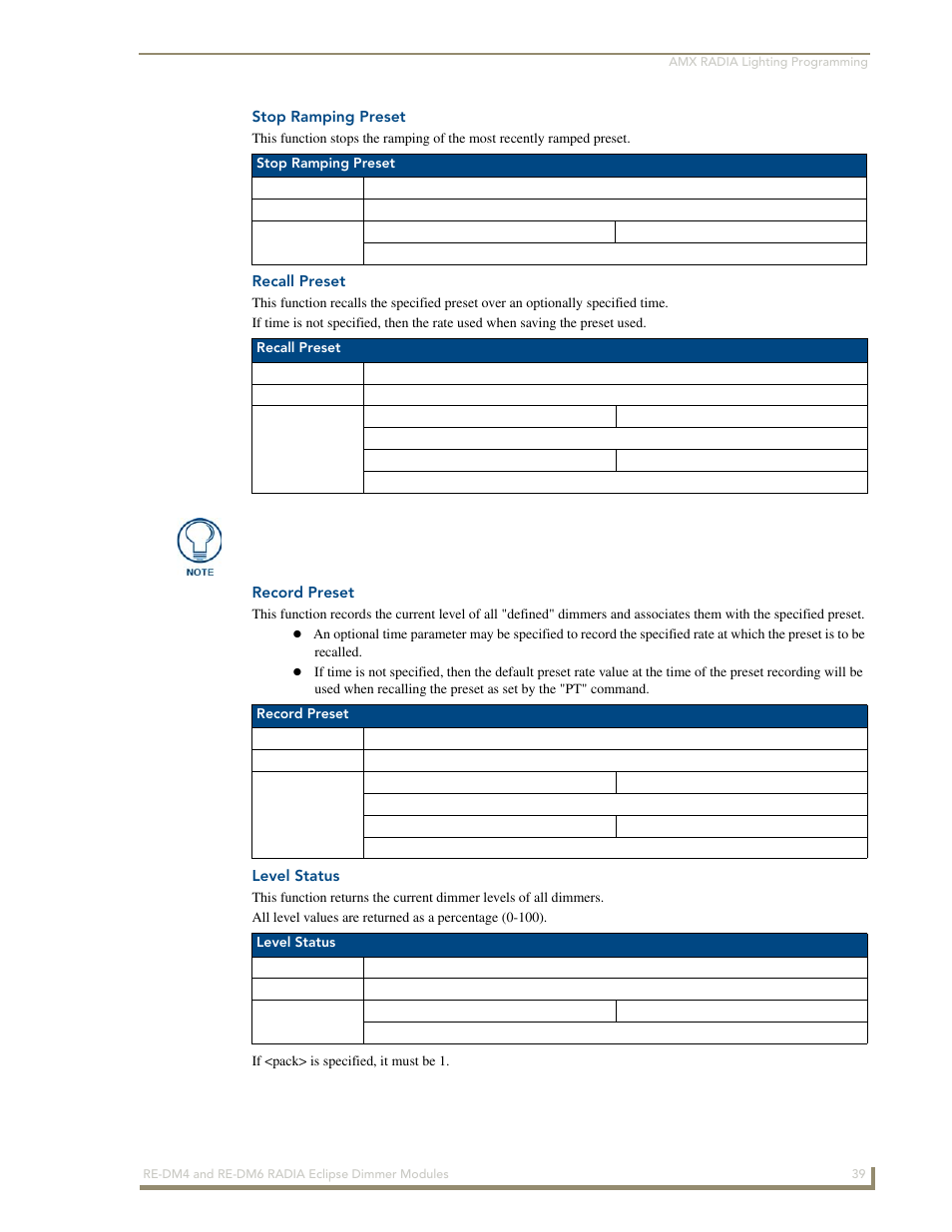 Stop ramping preset, Recall preset, Record preset | Level status | AMX Radia Eclipse 4-Channel Dimmer Module RE-DM4 User Manual | Page 47 / 90