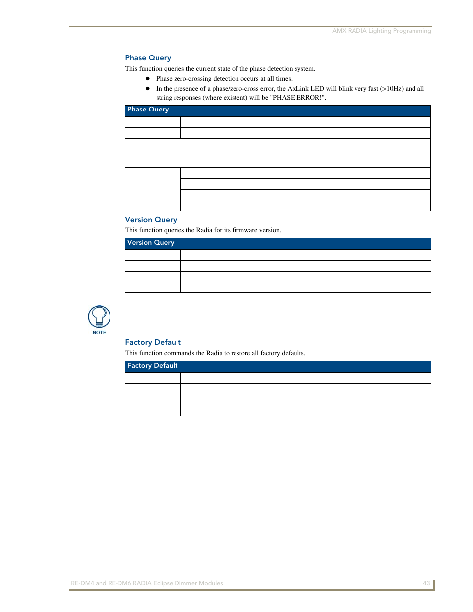 Phase query, Version query, Factory default | AMX Radia Eclipse 4-Channel Dimmer Module RE-DM4 User Manual | Page 51 / 90