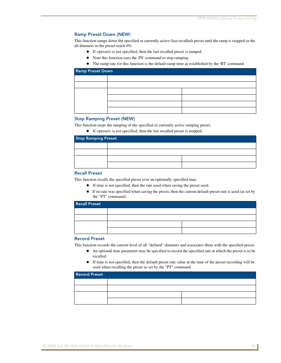 Ramp preset down (new), Stop ramping preset (new), Recall preset | Record preset | AMX Radia Eclipse 4-Channel Dimmer Module RE-DM4 User Manual | Page 53 / 90