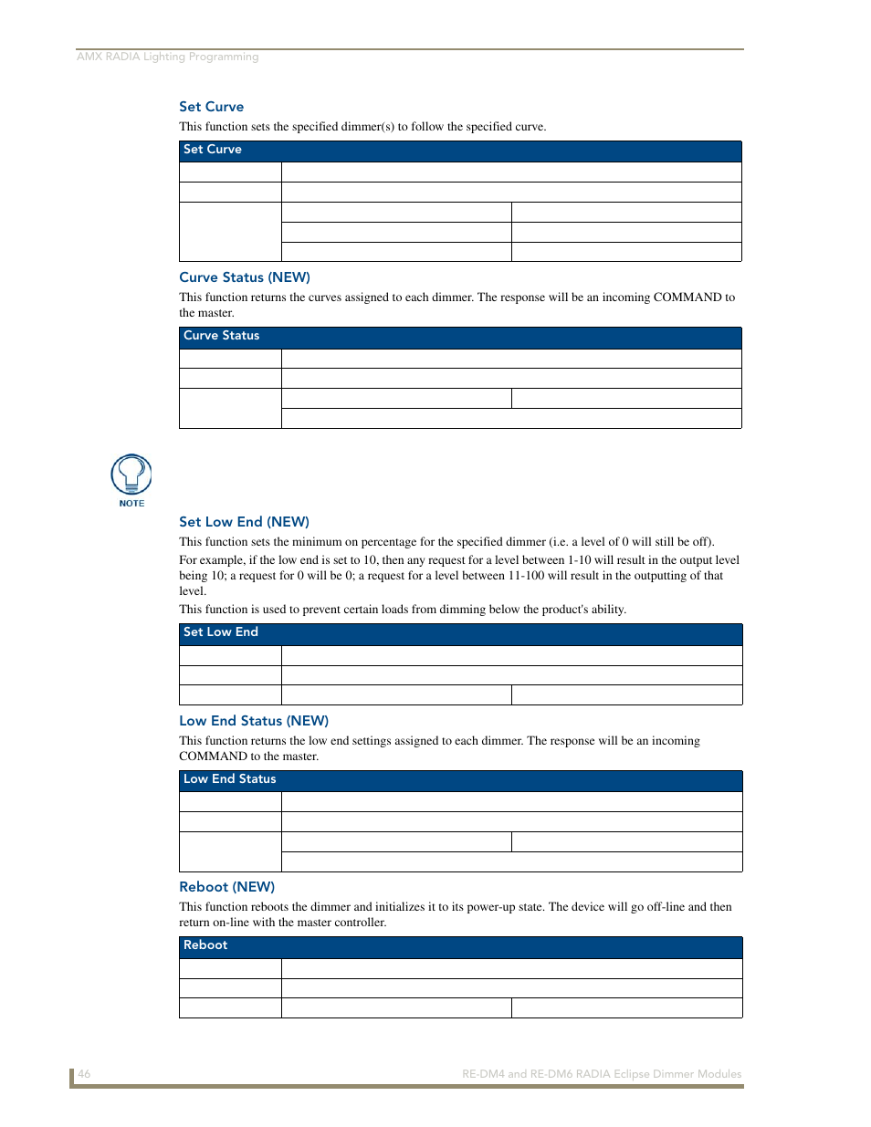 Set curve, Curve status (new), Set low end (new) | Low end status (new), Reboot (new) | AMX Radia Eclipse 4-Channel Dimmer Module RE-DM4 User Manual | Page 54 / 90