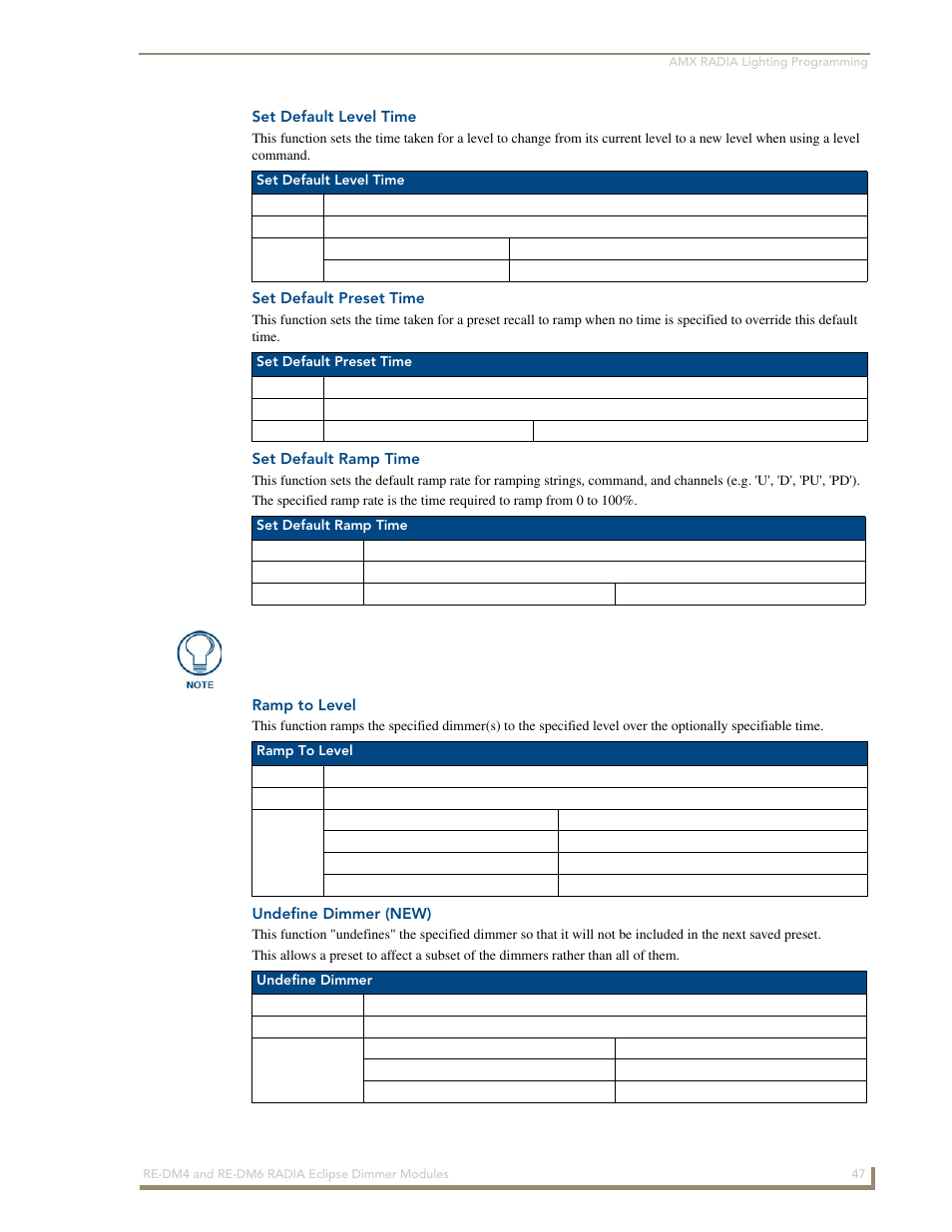 Set default level time, Set default preset time, Set default ramp time | Ramp to level, Undefine dimmer (new) | AMX Radia Eclipse 4-Channel Dimmer Module RE-DM4 User Manual | Page 55 / 90