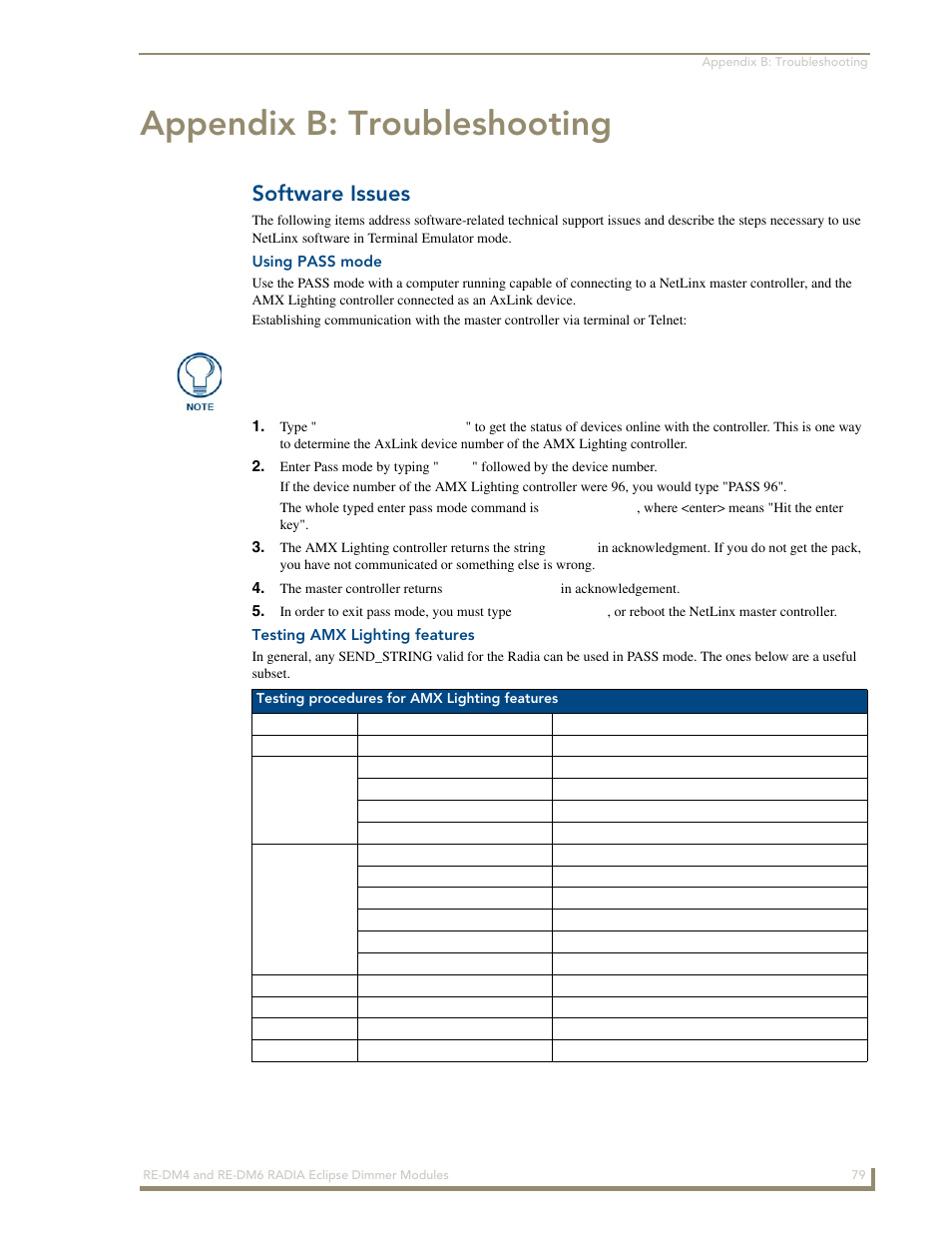 Appendix b: troubleshooting, Software issues, Using pass mode | Testing amx lighting features | AMX Radia Eclipse 4-Channel Dimmer Module RE-DM4 User Manual | Page 87 / 90