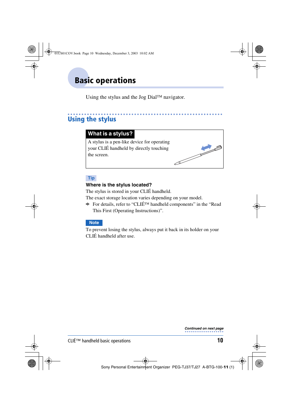 Basic operations, Using the stylus | Sony PEG-TJ27 User Manual | Page 10 / 195