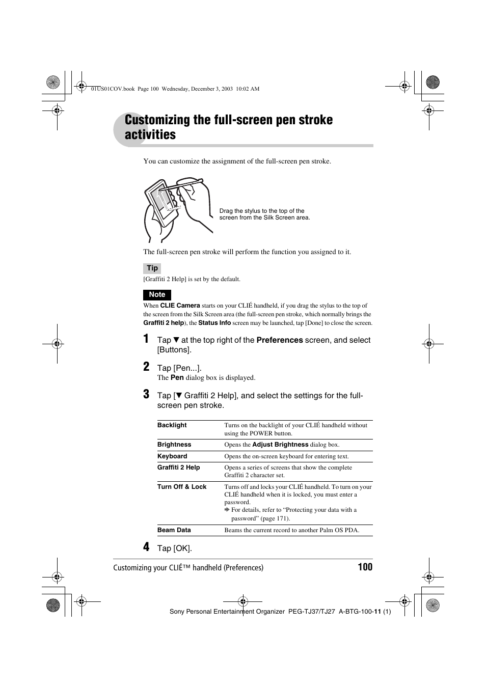 Customizing the full-screen pen stroke activities, Customizing the full-screen pen stroke, Activities | Sony PEG-TJ27 User Manual | Page 100 / 195