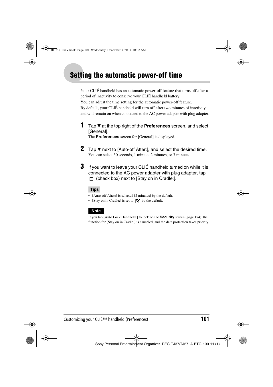 Setting the automatic power-off time, S 101 t | Sony PEG-TJ27 User Manual | Page 101 / 195