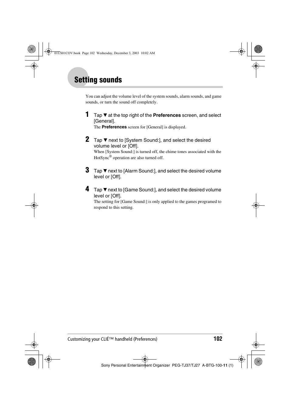 Setting sounds | Sony PEG-TJ27 User Manual | Page 102 / 195