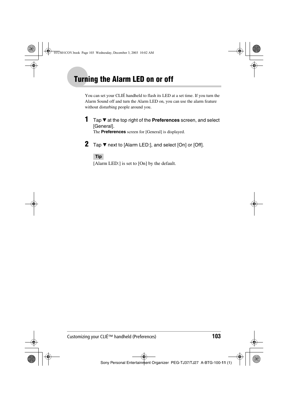 Turning the alarm led on or off | Sony PEG-TJ27 User Manual | Page 103 / 195