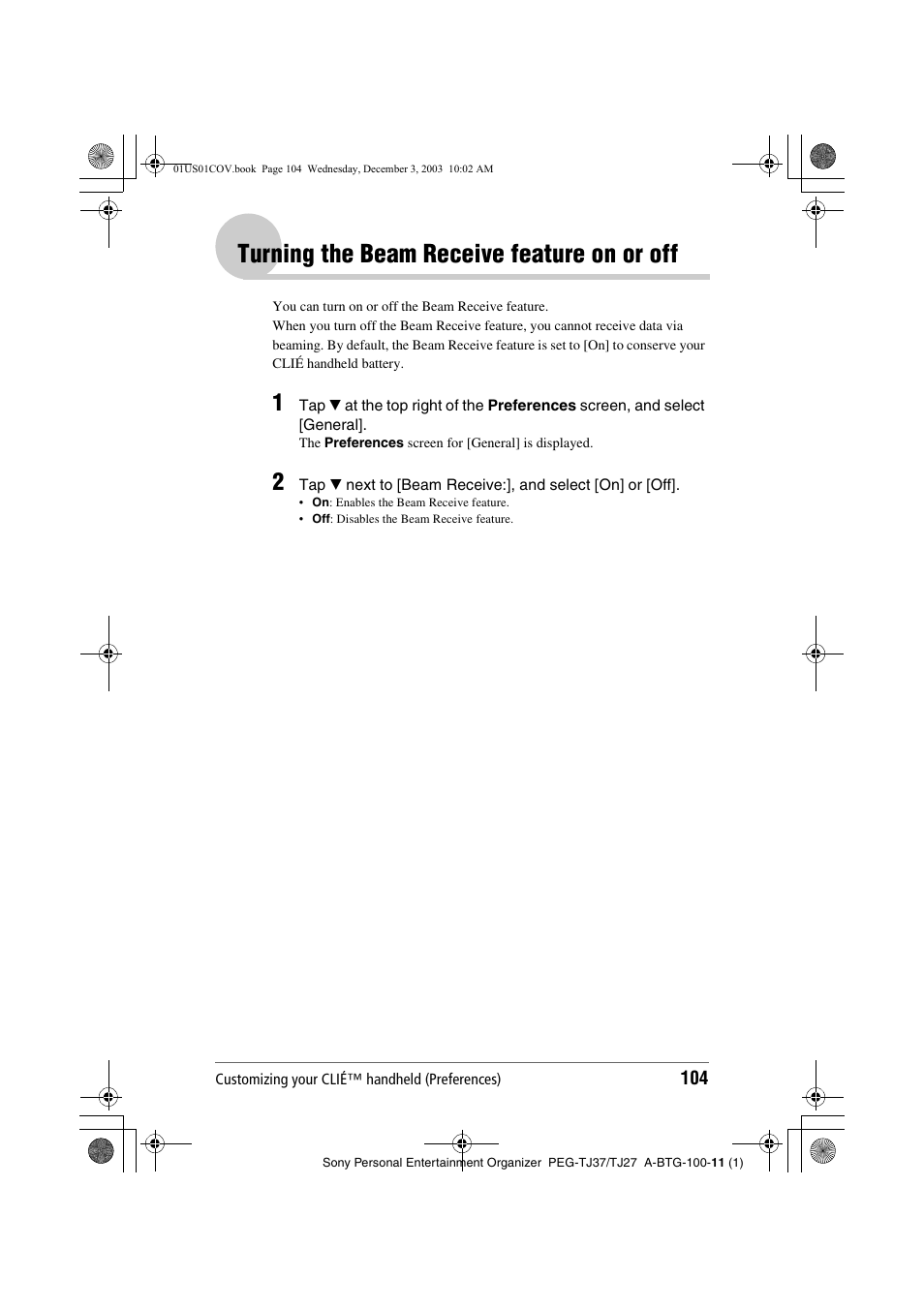 Turning the beam receive feature on or off | Sony PEG-TJ27 User Manual | Page 104 / 195