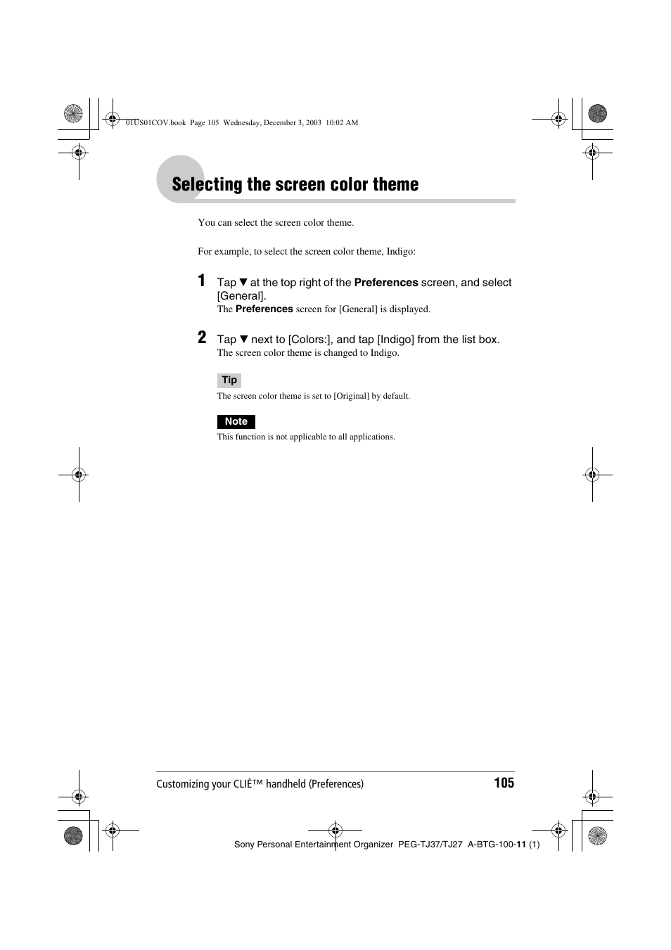 Selecting the screen color theme | Sony PEG-TJ27 User Manual | Page 105 / 195