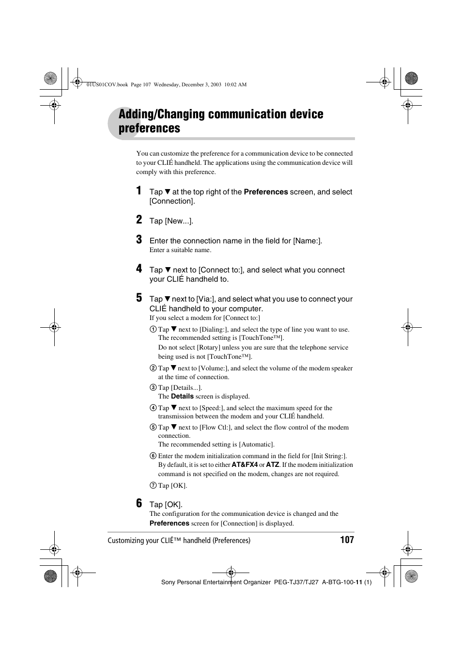 Adding/changing communication device preferences, Adding/changing communication device, Preferences | Sony PEG-TJ27 User Manual | Page 107 / 195