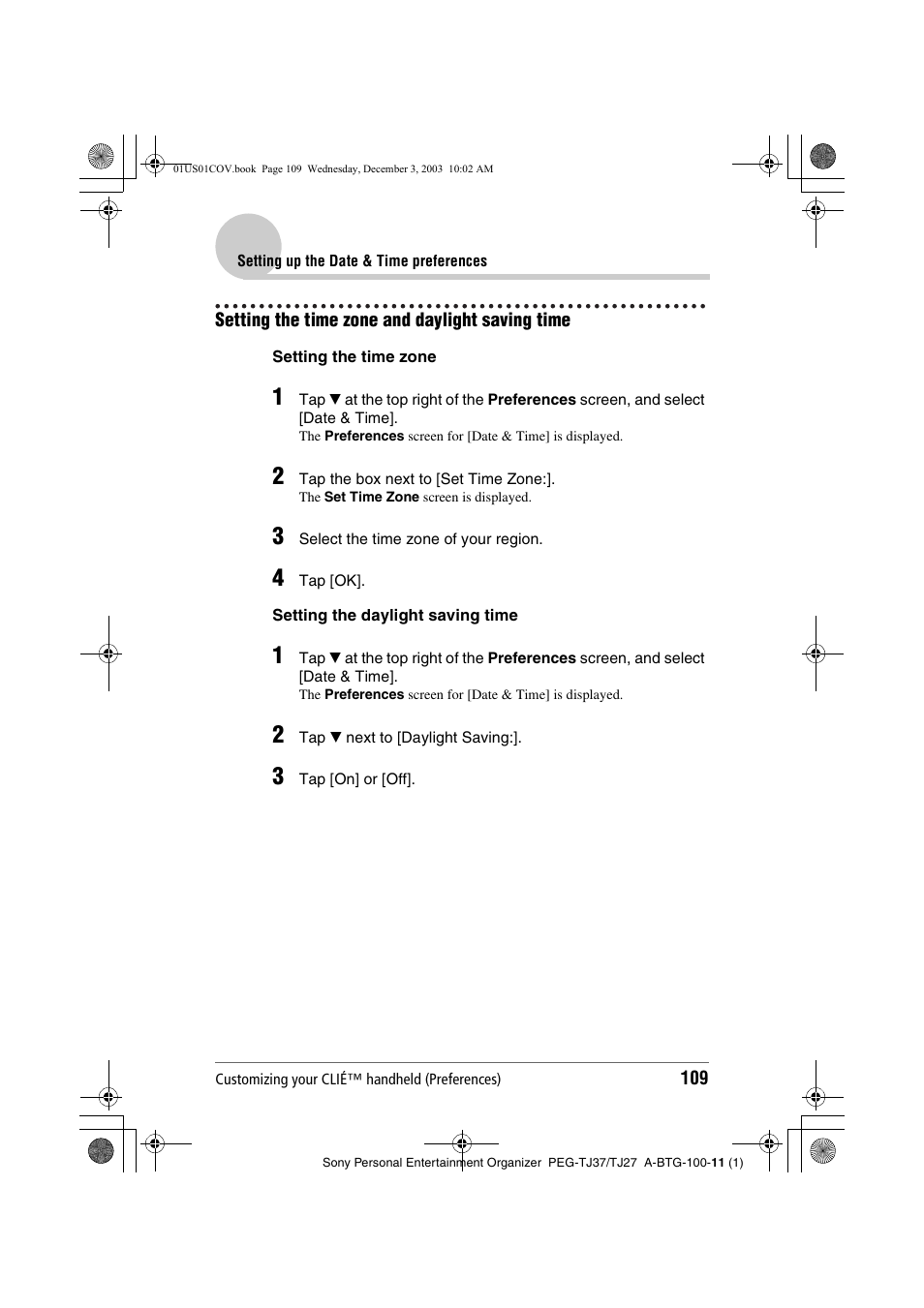 Setting the time zone and daylight saving time | Sony PEG-TJ27 User Manual | Page 109 / 195