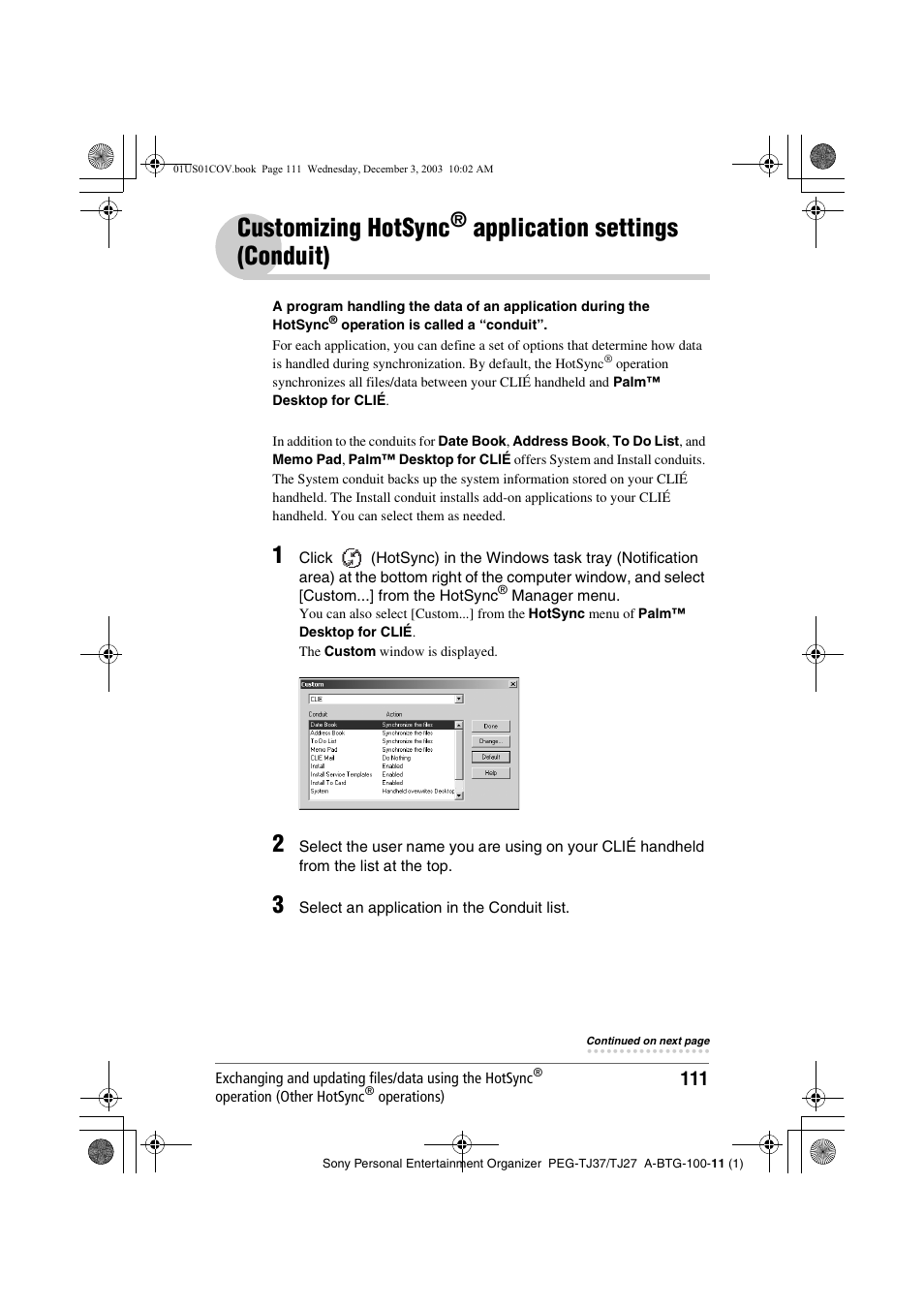 Customizing hotsync, Application, Settings (conduit) | Application settings, Conduit), Application settings (conduit) | Sony PEG-TJ27 User Manual | Page 111 / 195