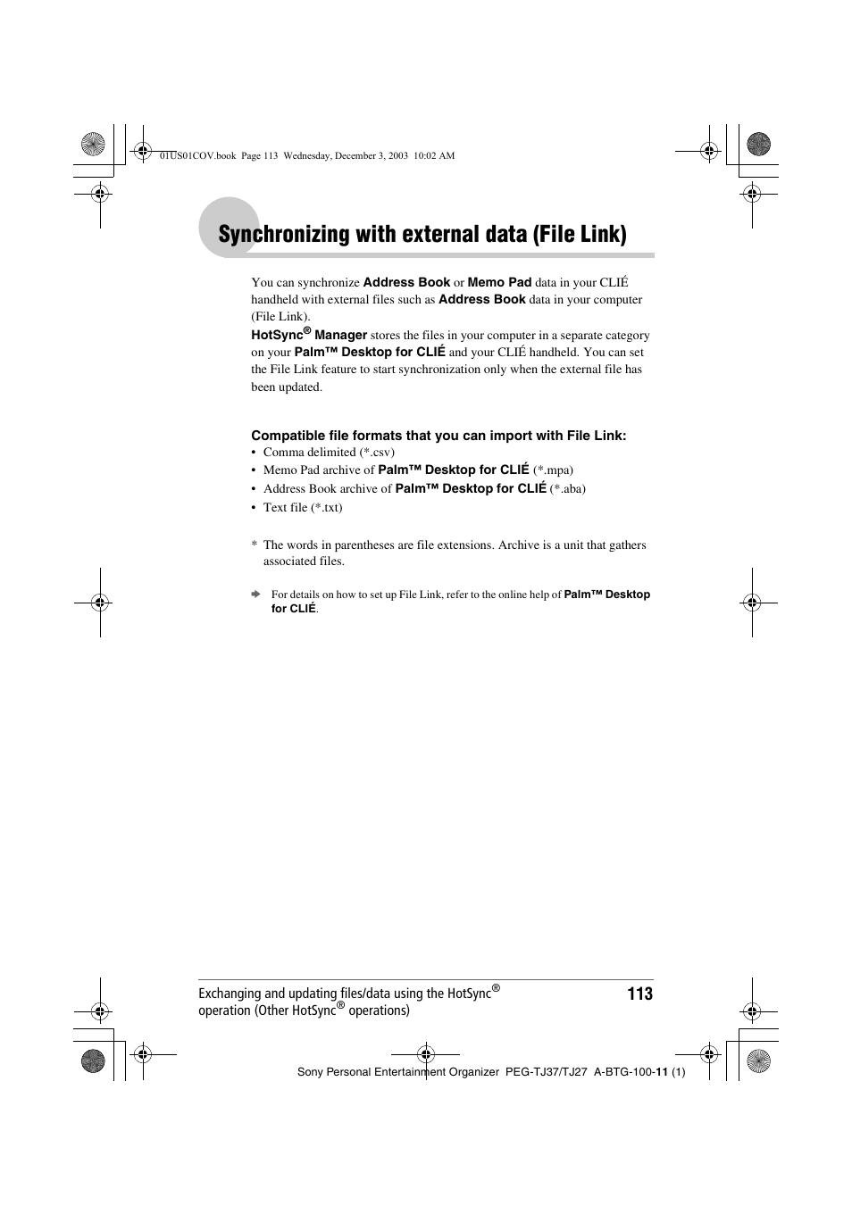 Synchronizing with external data (file link), Synchronizing with external data, File link) | Sony PEG-TJ27 User Manual | Page 113 / 195