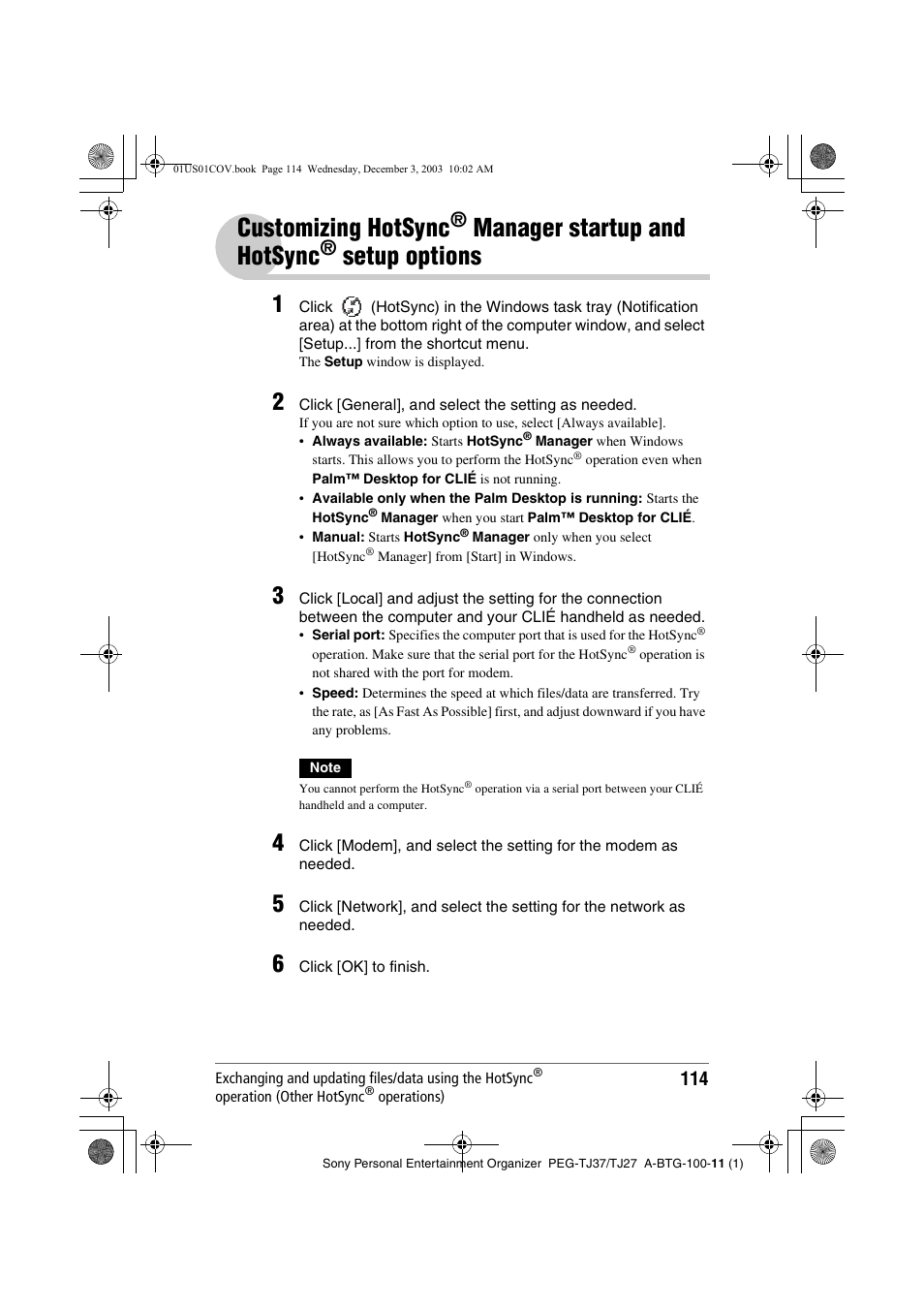 Customizing hotsync, Manager, Startup and hotsync | Setup, Options, Manager startup and, Hotsync, Setup options, Manager startup and hotsync | Sony PEG-TJ27 User Manual | Page 114 / 195