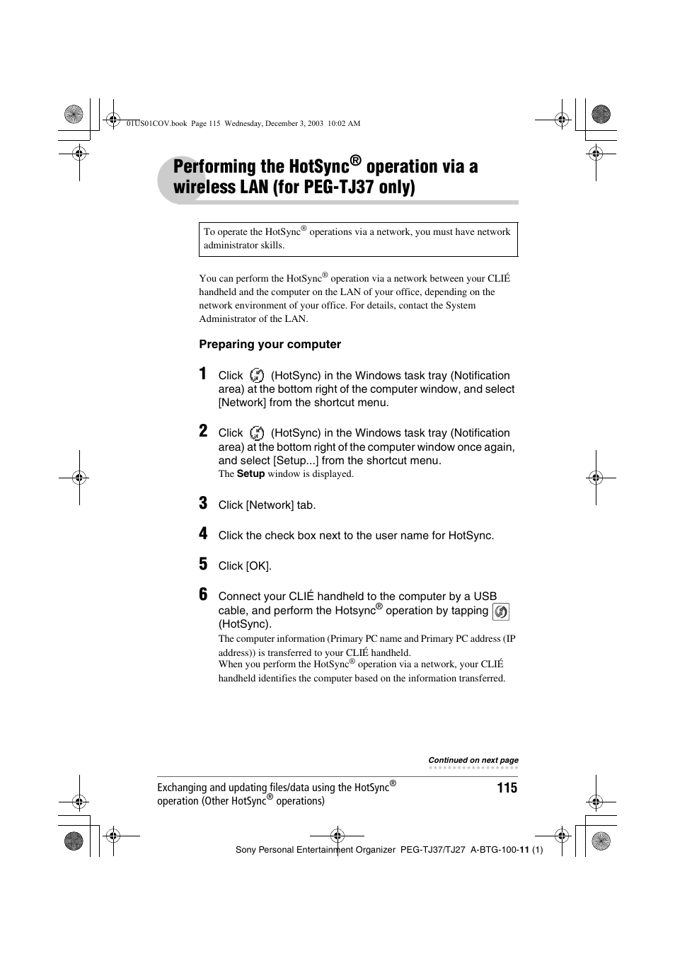 Performing the hotsync, Operation via, A wireless lan (for peg-tj37 only) | Operation via a wireless lan (for peg-tj37 only) | Sony PEG-TJ27 User Manual | Page 115 / 195